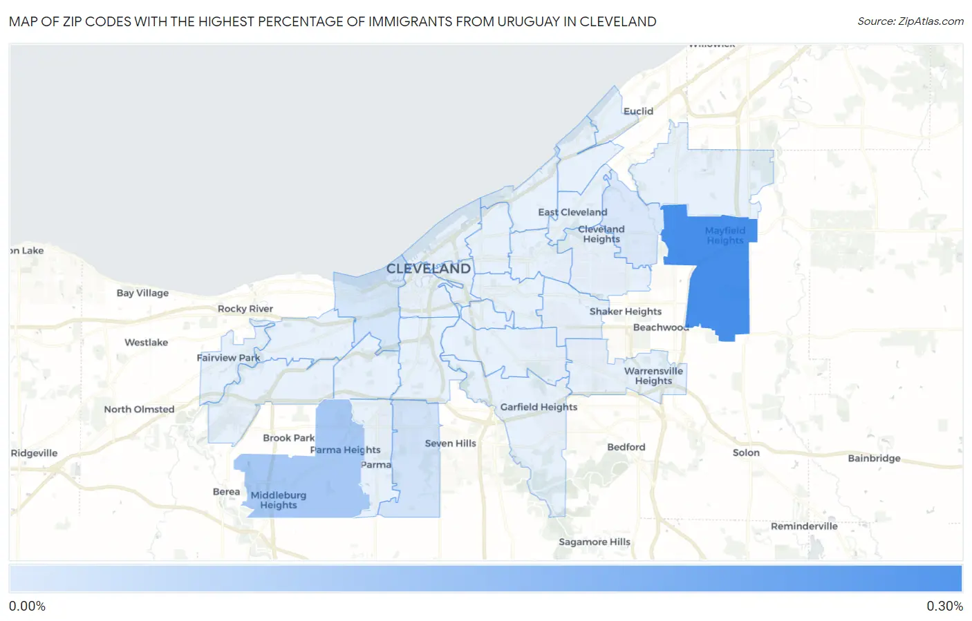 Zip Codes with the Highest Percentage of Immigrants from Uruguay in Cleveland Map