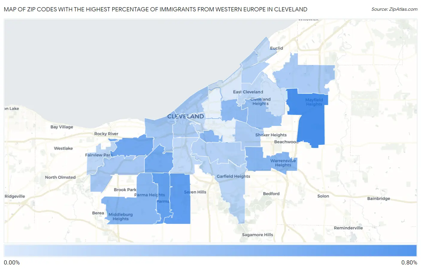 Zip Codes with the Highest Percentage of Immigrants from Western Europe in Cleveland Map