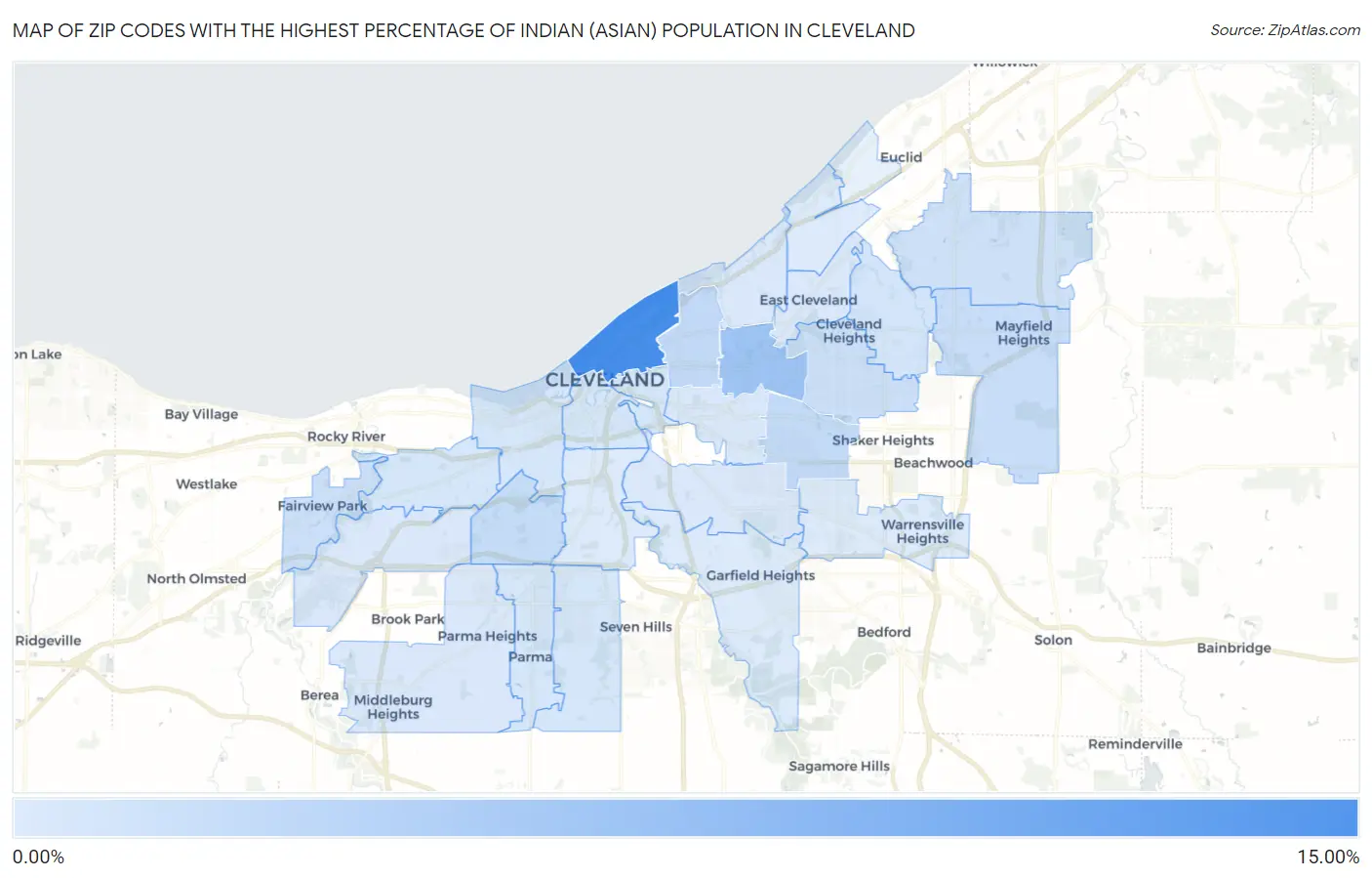 Zip Codes with the Highest Percentage of Indian (Asian) Population in Cleveland Map