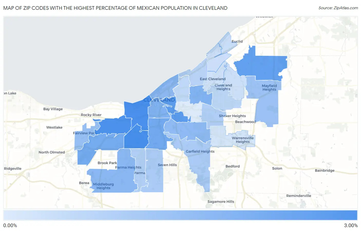 Zip Codes with the Highest Percentage of Mexican Population in Cleveland Map