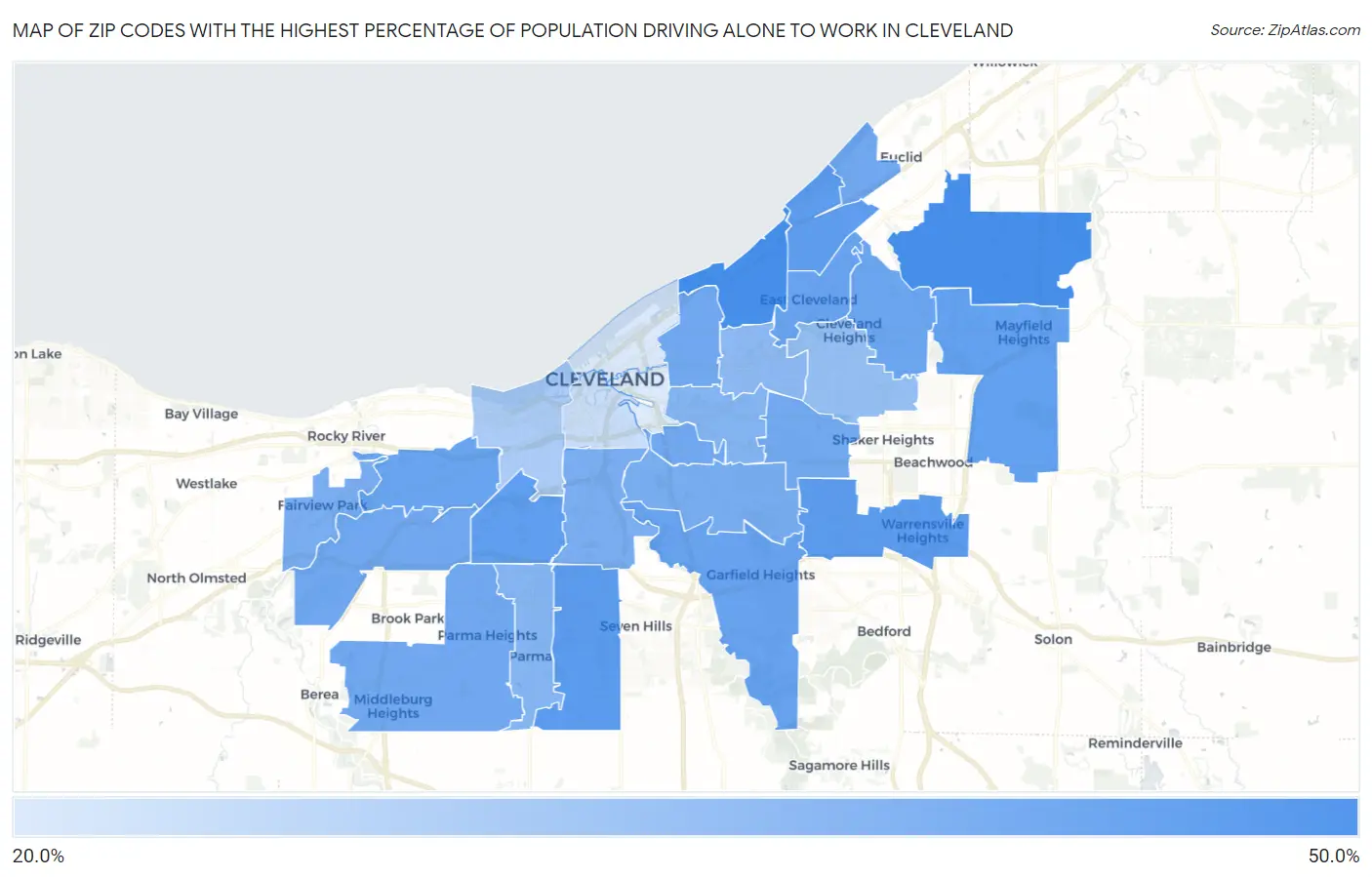 Zip Codes with the Highest Percentage of Population Driving Alone to Work in Cleveland Map