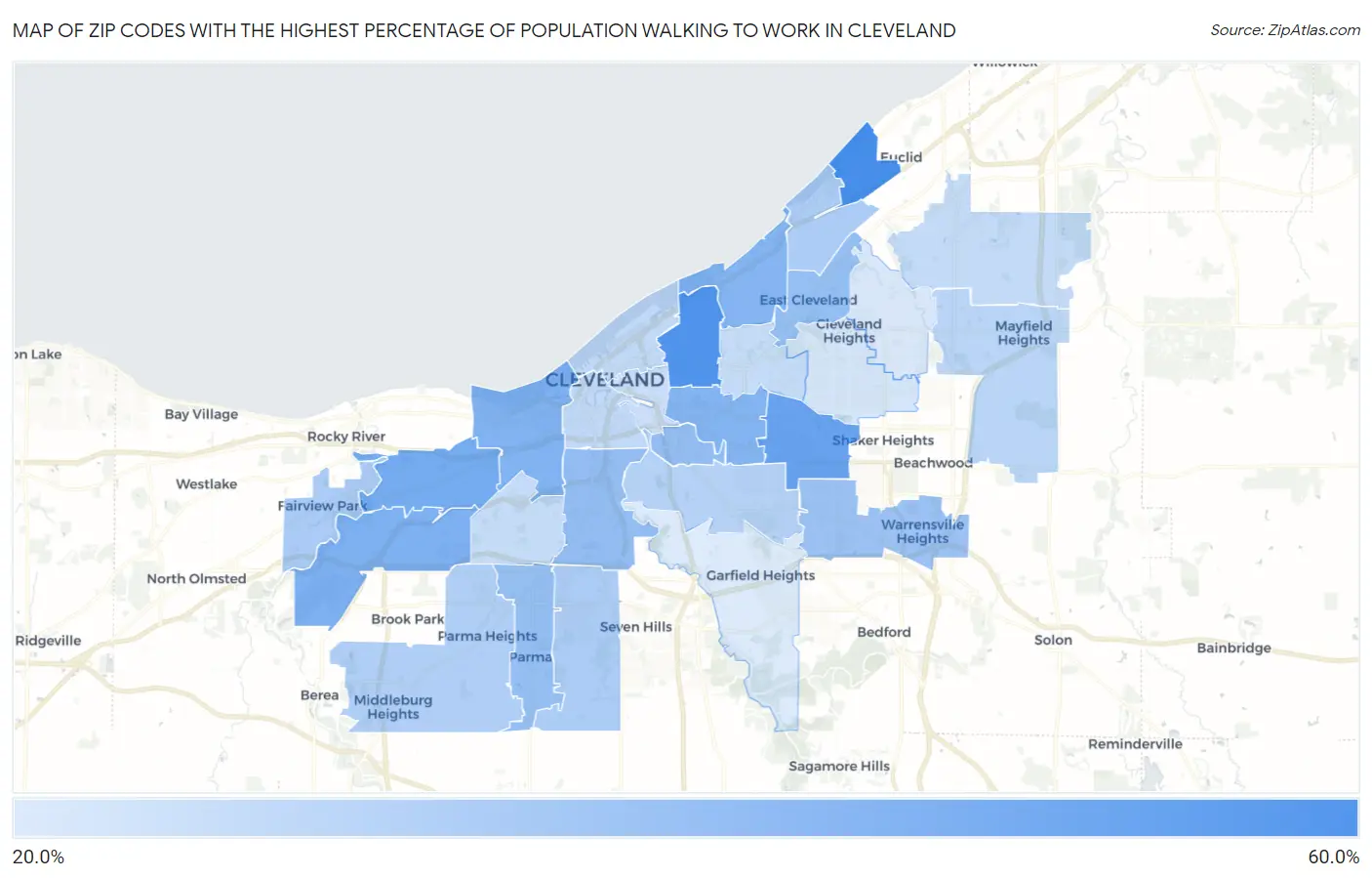 Zip Codes with the Highest Percentage of Population Walking to Work in Cleveland Map