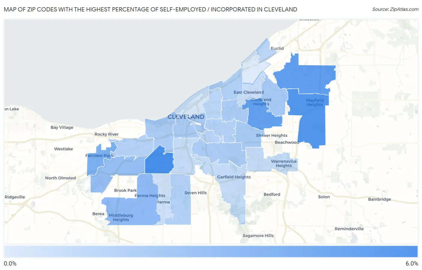 Zip Codes with the Highest Percentage of Self-Employed / Incorporated in Cleveland Map