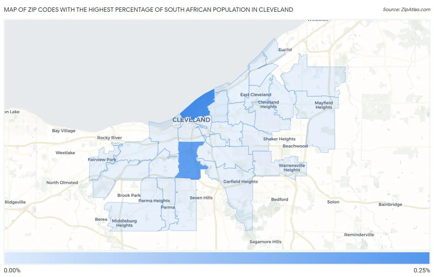 Zip Codes with the Highest Percentage of South African Population in Cleveland Map