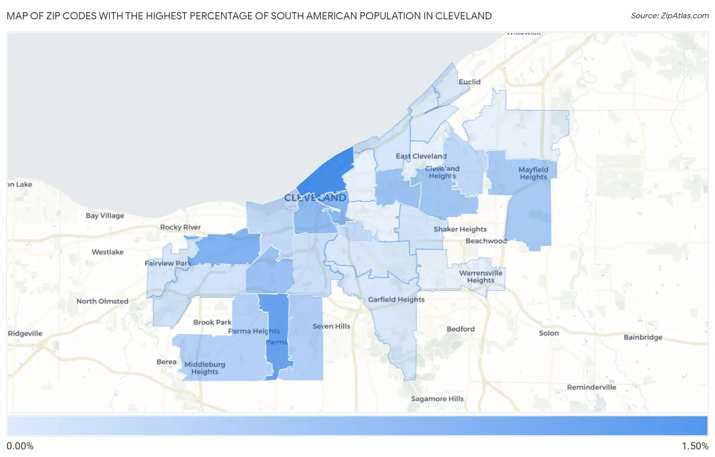Zip Codes with the Highest Percentage of South American Population in Cleveland Map
