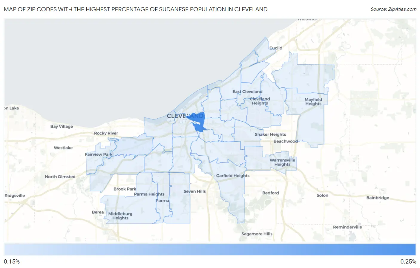 Zip Codes with the Highest Percentage of Sudanese Population in Cleveland Map