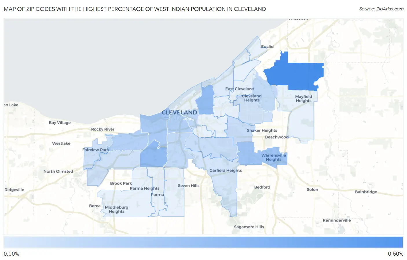 Zip Codes with the Highest Percentage of West Indian Population in Cleveland Map