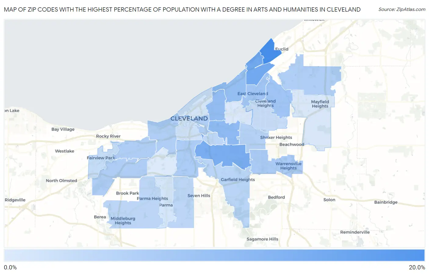 Zip Codes with the Highest Percentage of Population with a Degree in Arts and Humanities in Cleveland Map