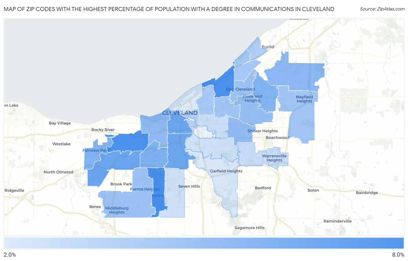 Zip Codes with the Highest Percentage of Population with a Degree in Communications in Cleveland Map