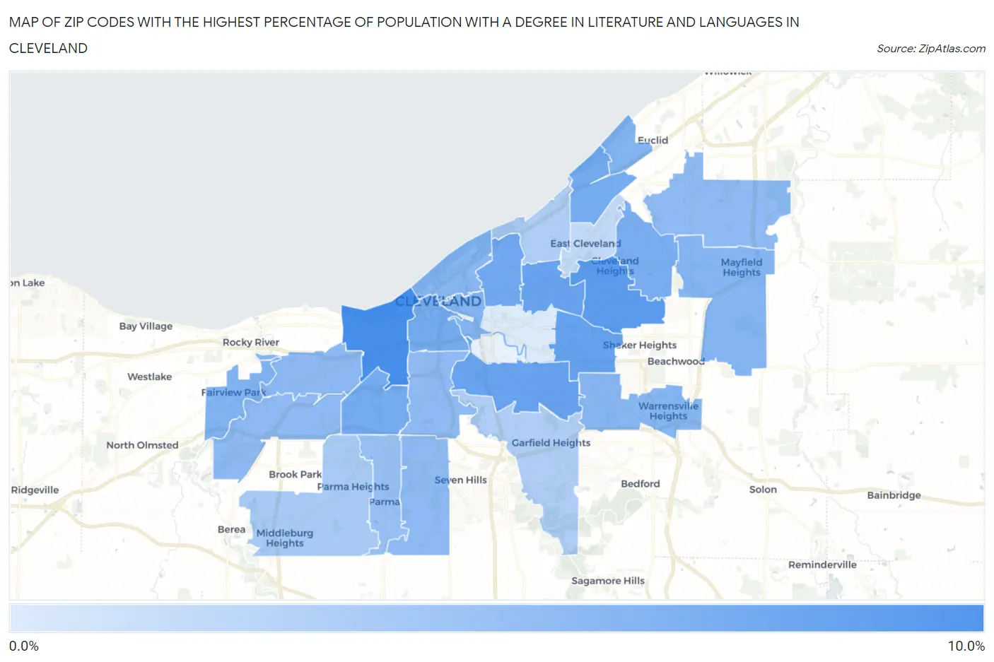 Zip Codes with the Highest Percentage of Population with a Degree in Literature and Languages in Cleveland Map
