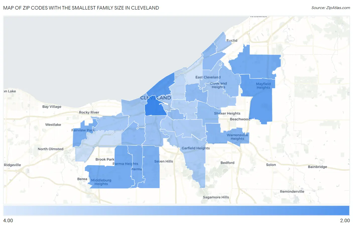 Zip Codes with the Smallest Family Size in Cleveland Map