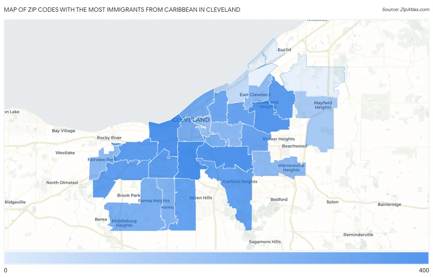 Zip Codes with the Most Immigrants from Caribbean in Cleveland Map