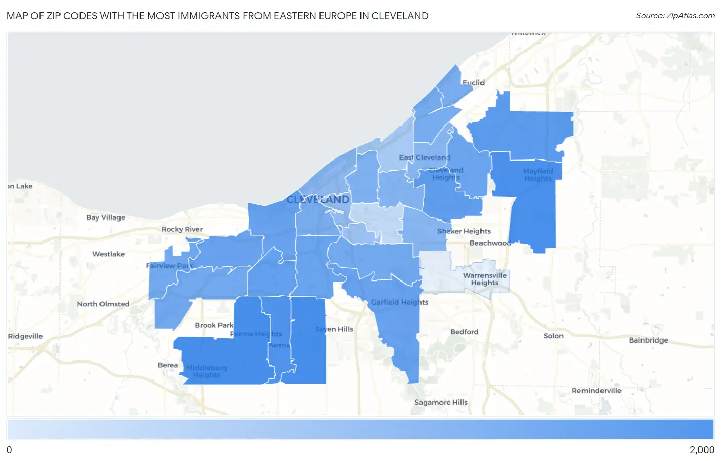 Zip Codes with the Most Immigrants from Eastern Europe in Cleveland Map