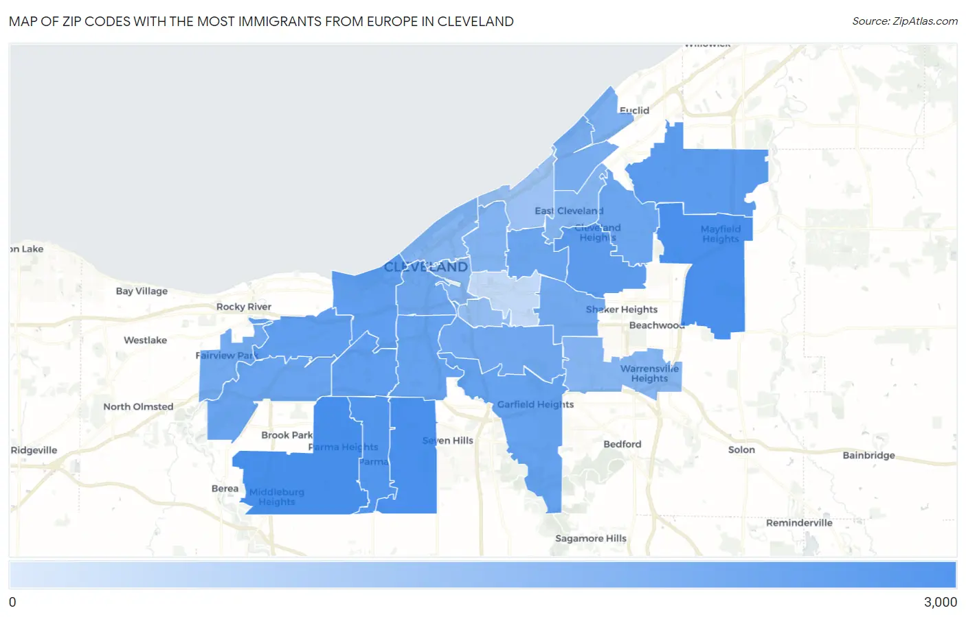 Zip Codes with the Most Immigrants from Europe in Cleveland Map