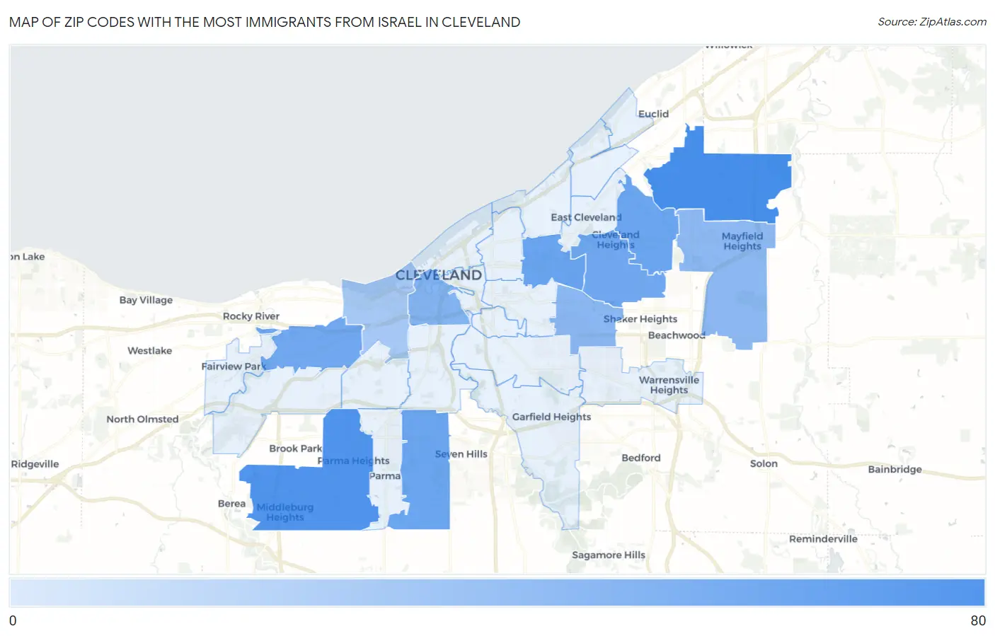 Zip Codes with the Most Immigrants from Israel in Cleveland Map