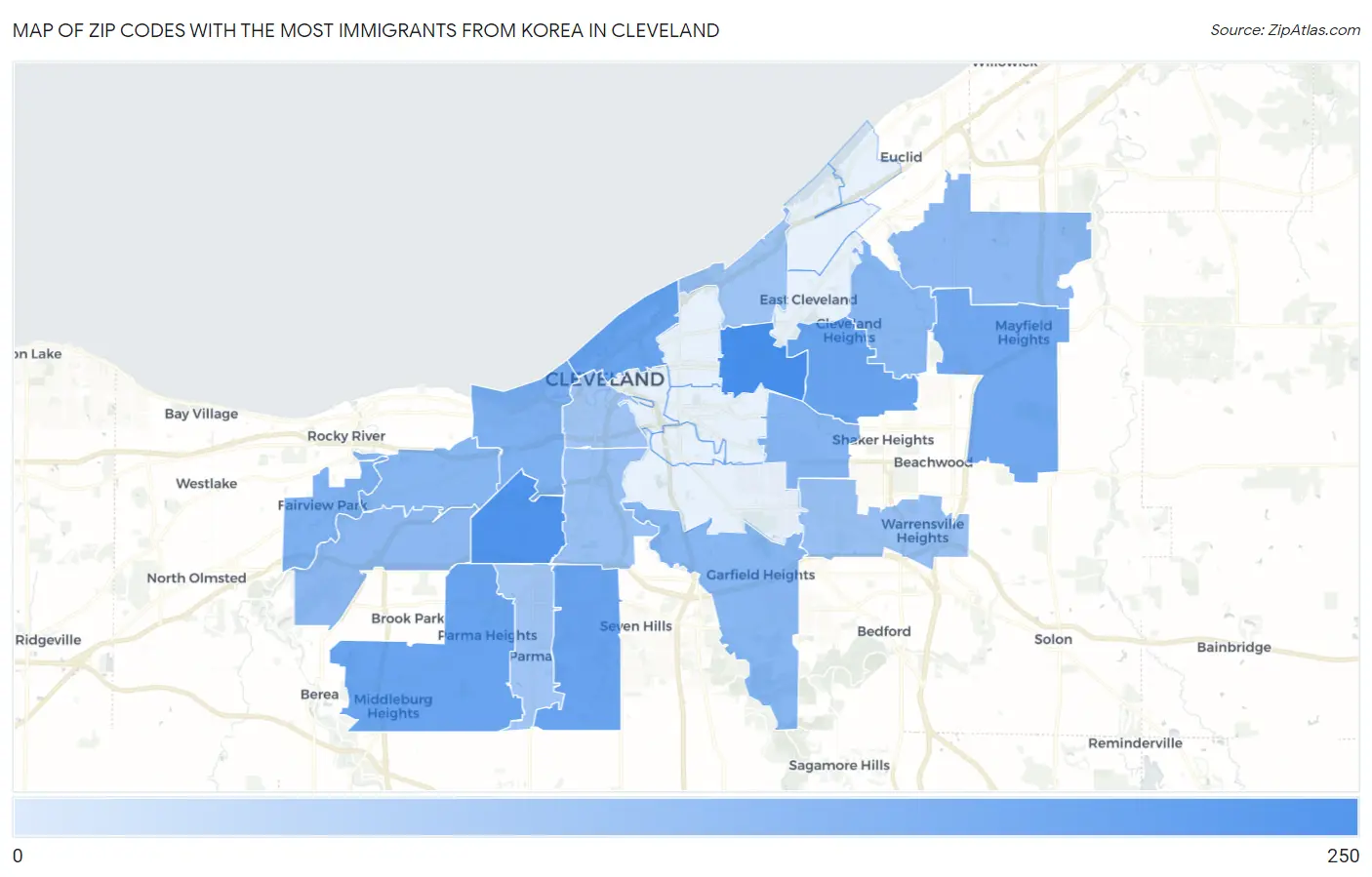Zip Codes with the Most Immigrants from Korea in Cleveland Map