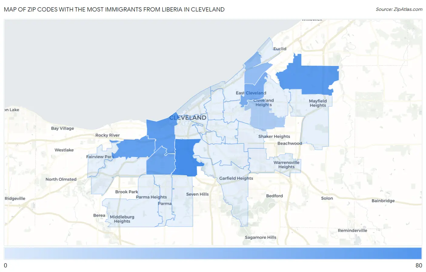 Zip Codes with the Most Immigrants from Liberia in Cleveland Map