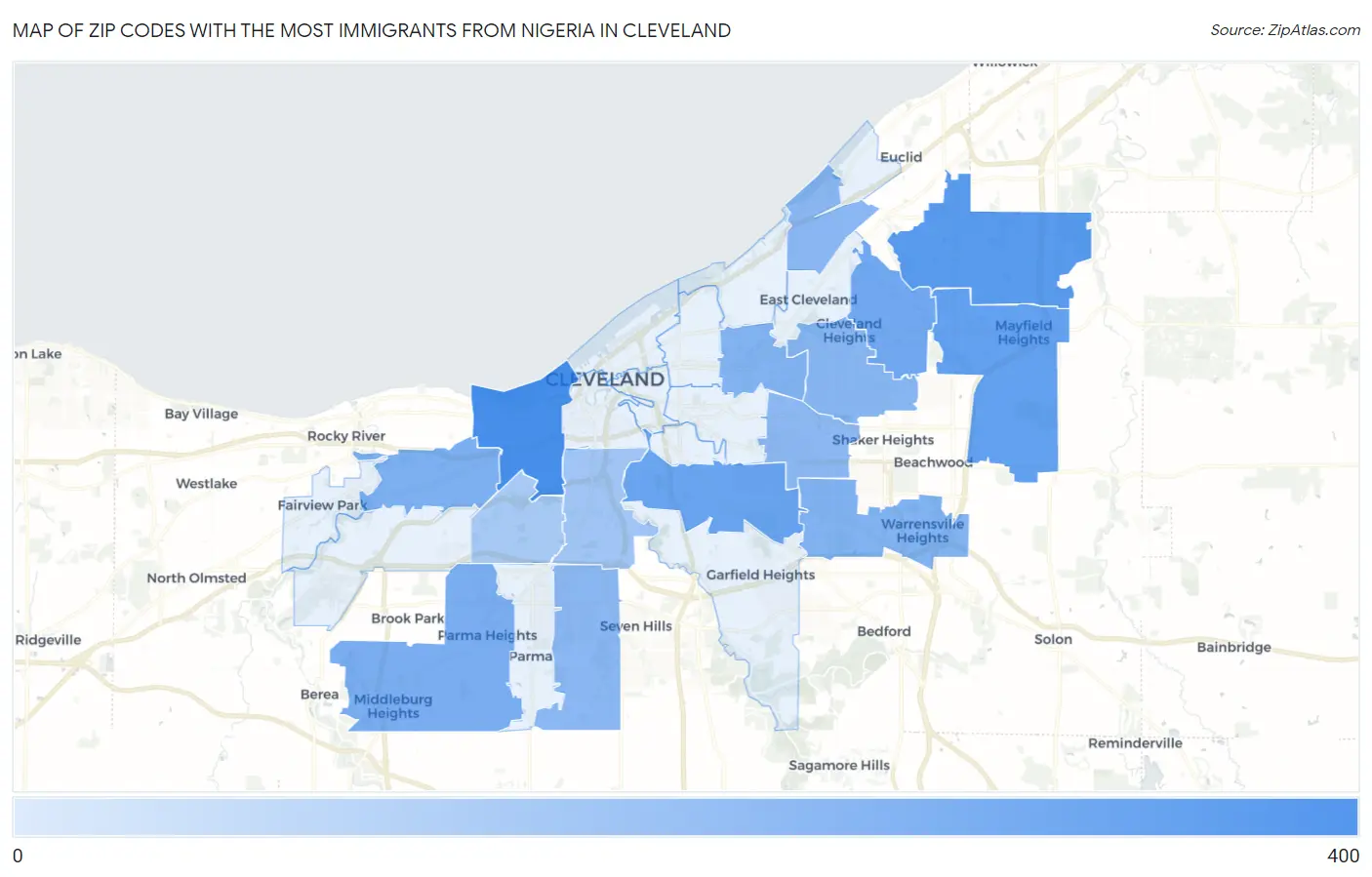 Zip Codes with the Most Immigrants from Nigeria in Cleveland Map