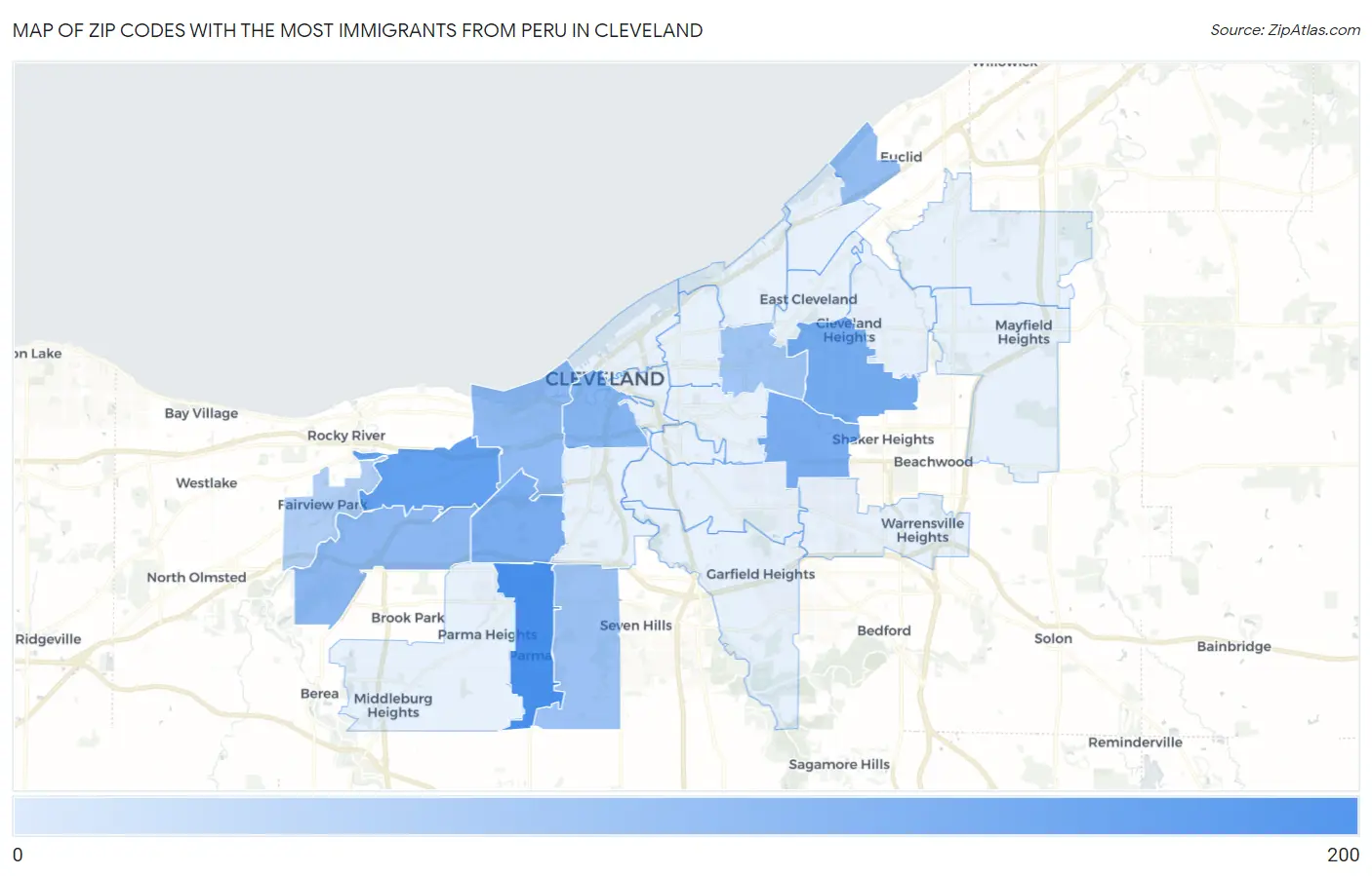 Zip Codes with the Most Immigrants from Peru in Cleveland Map