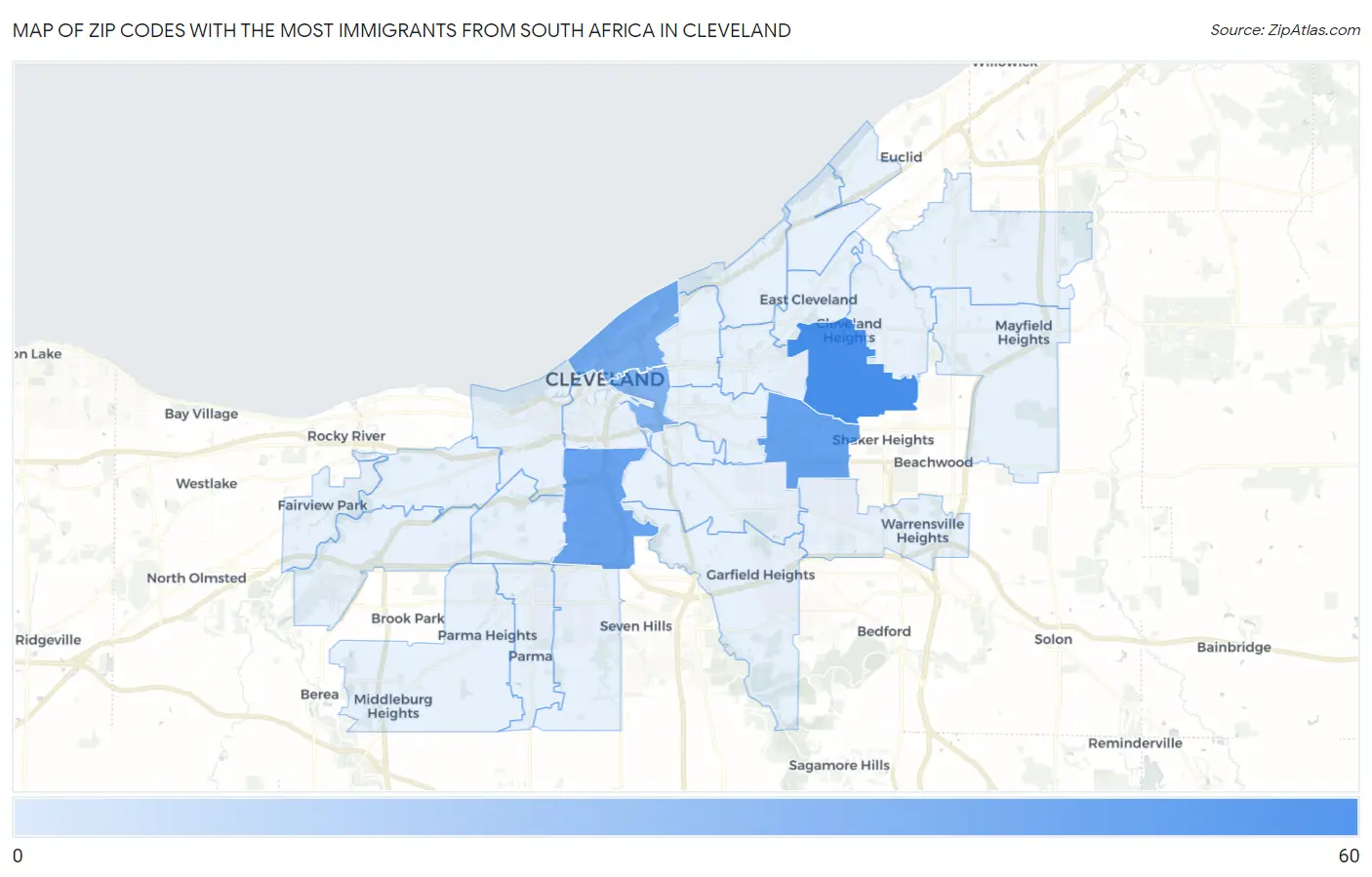 Zip Codes with the Most Immigrants from South Africa in Cleveland Map