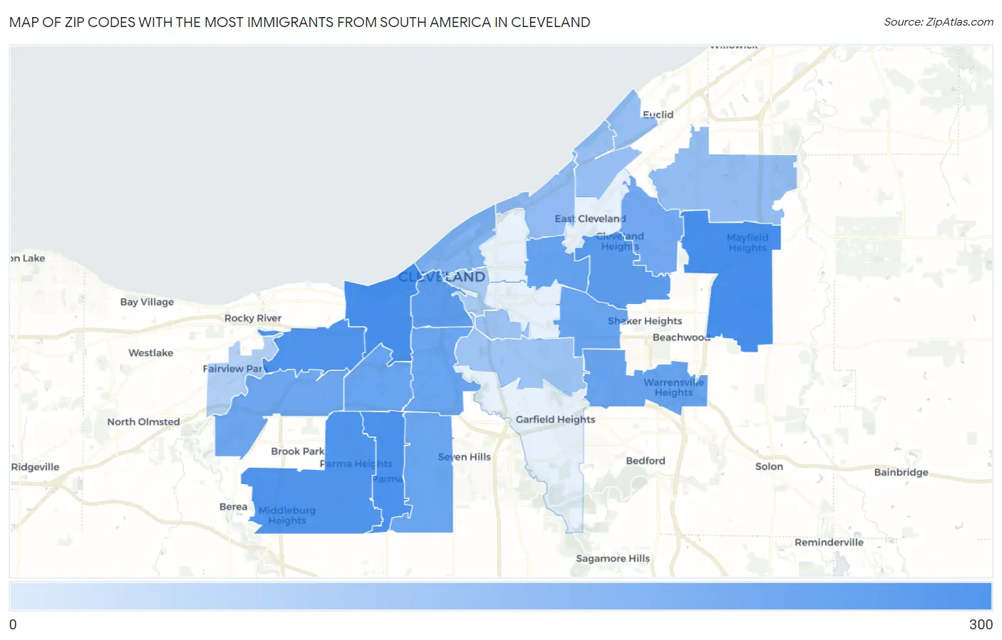 Zip Codes with the Most Immigrants from South America in Cleveland Map