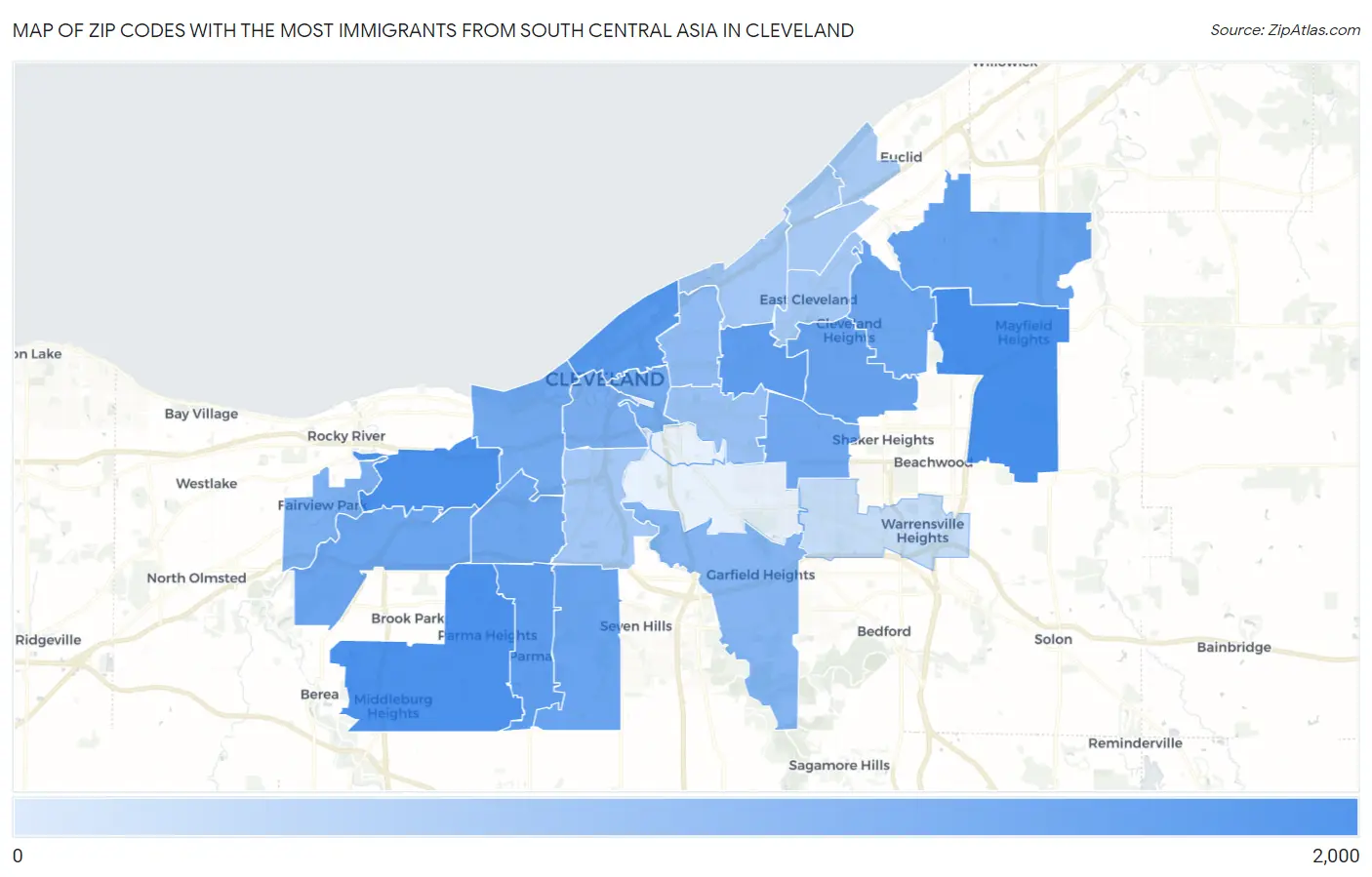 Zip Codes with the Most Immigrants from South Central Asia in Cleveland Map