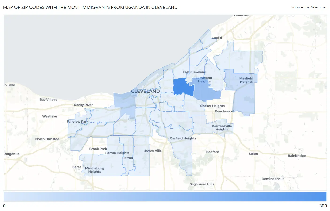 Zip Codes with the Most Immigrants from Uganda in Cleveland Map