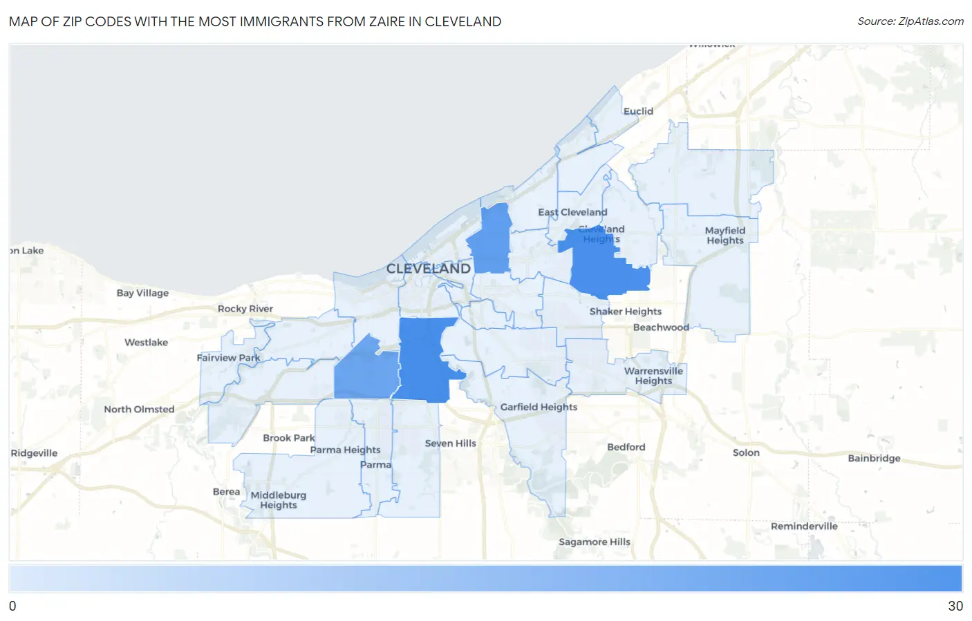 Zip Codes with the Most Immigrants from Zaire in Cleveland Map