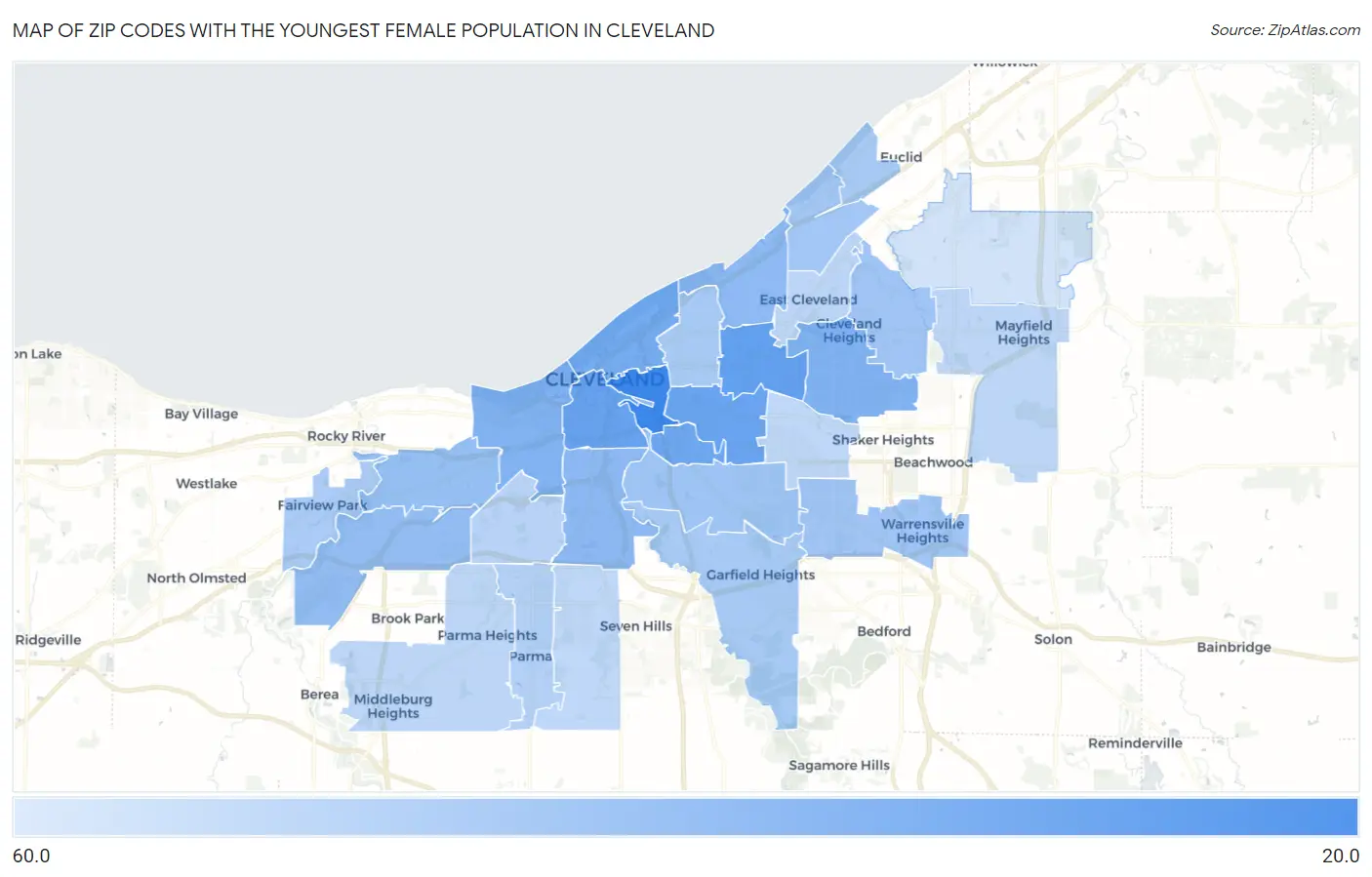Zip Codes with the Youngest Female Population in Cleveland Map