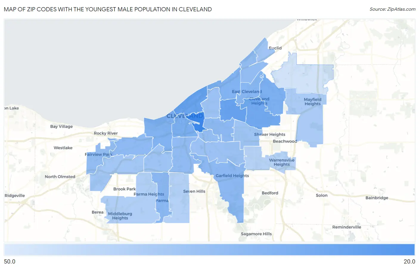 Zip Codes with the Youngest Male Population in Cleveland Map