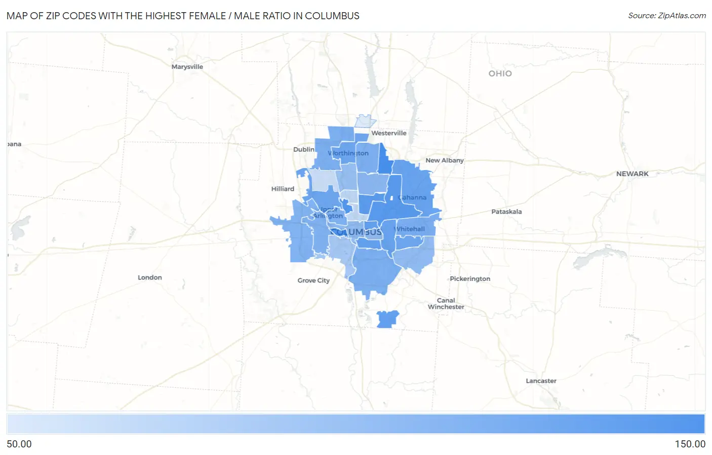 Zip Codes with the Highest Female / Male Ratio in Columbus Map