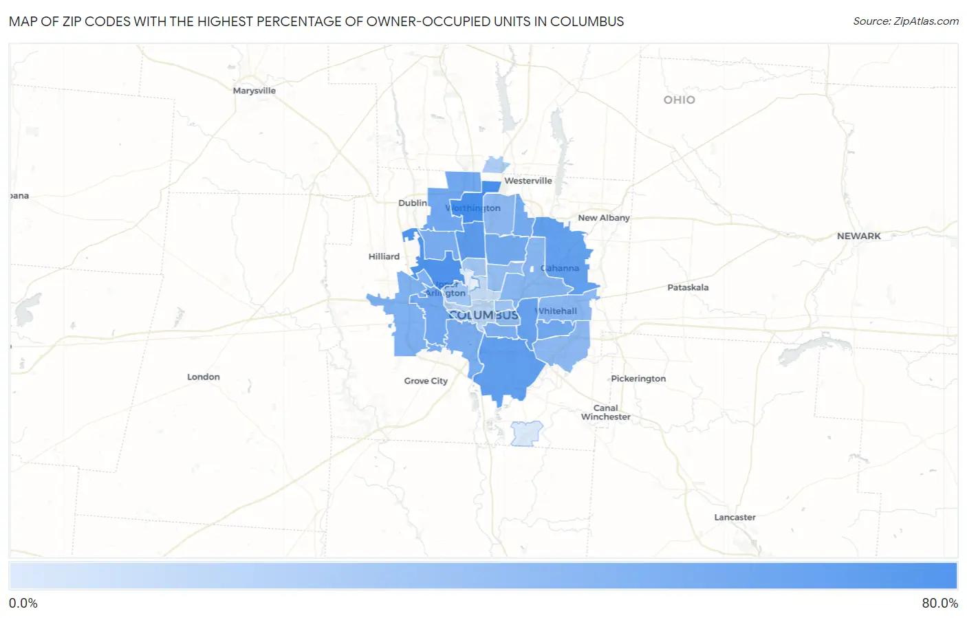 Zip Codes with the Highest Percentage of Owner-Occupied Units in Columbus Map