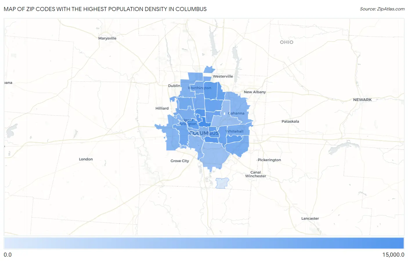 Zip Codes with the Highest Population Density in Columbus Map