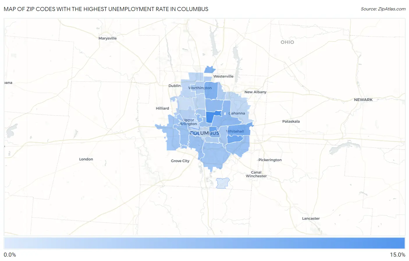 Zip Codes with the Highest Unemployment Rate in Columbus Map