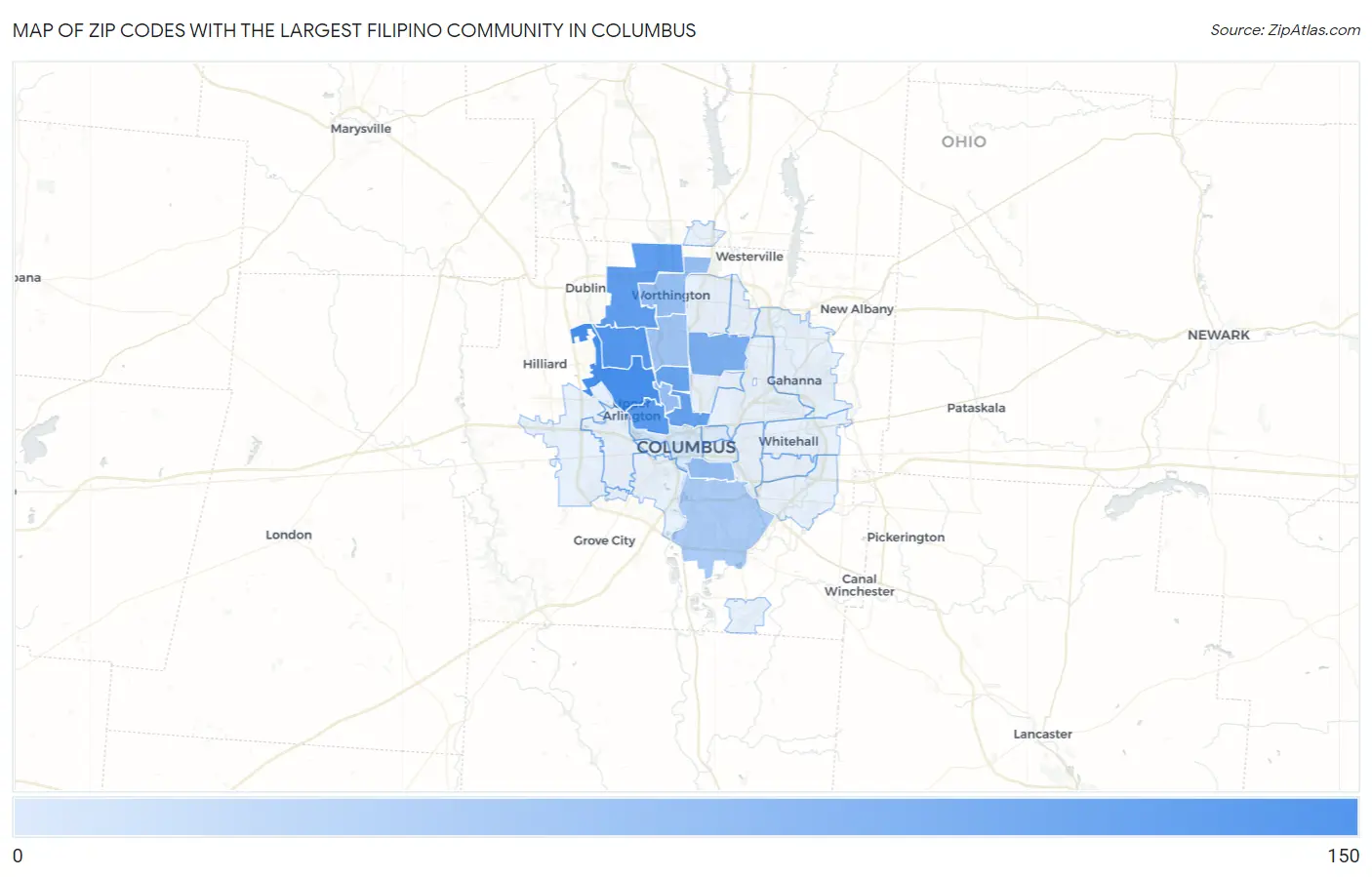 Zip Codes with the Largest Filipino Community in Columbus Map