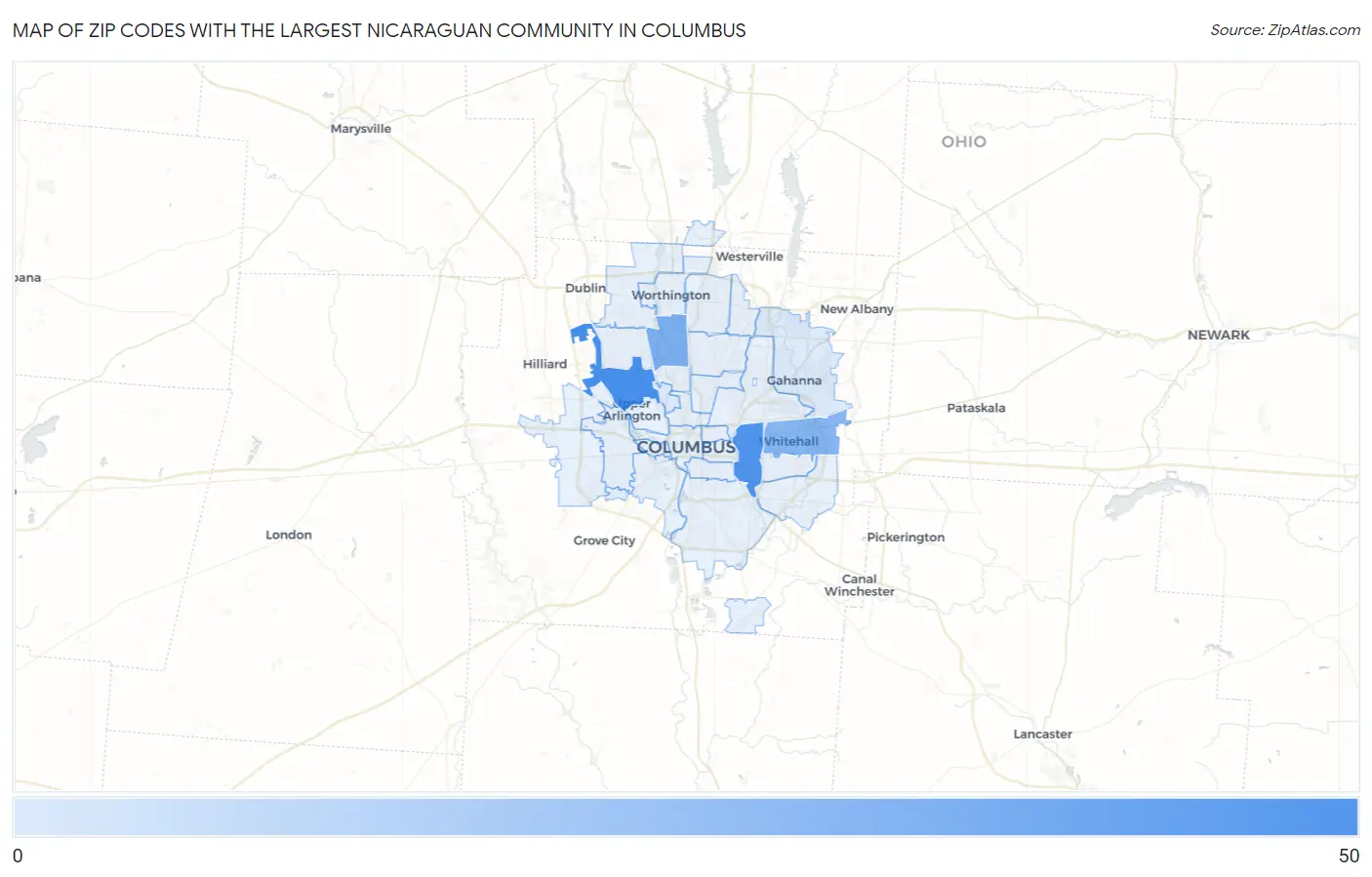 Zip Codes with the Largest Nicaraguan Community in Columbus Map