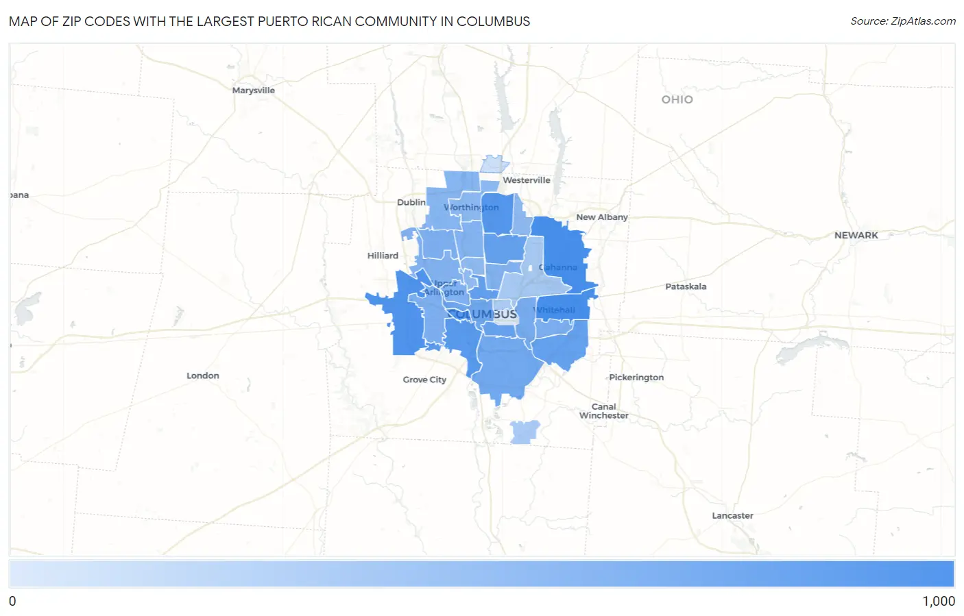 Zip Codes with the Largest Puerto Rican Community in Columbus Map