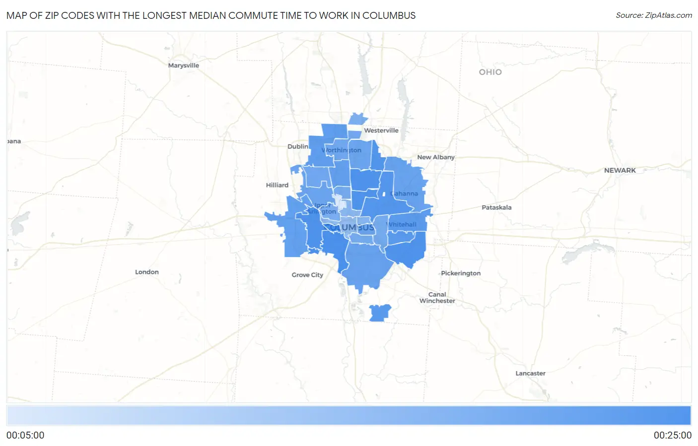 Zip Codes with the Longest Median Commute Time to Work in Columbus Map