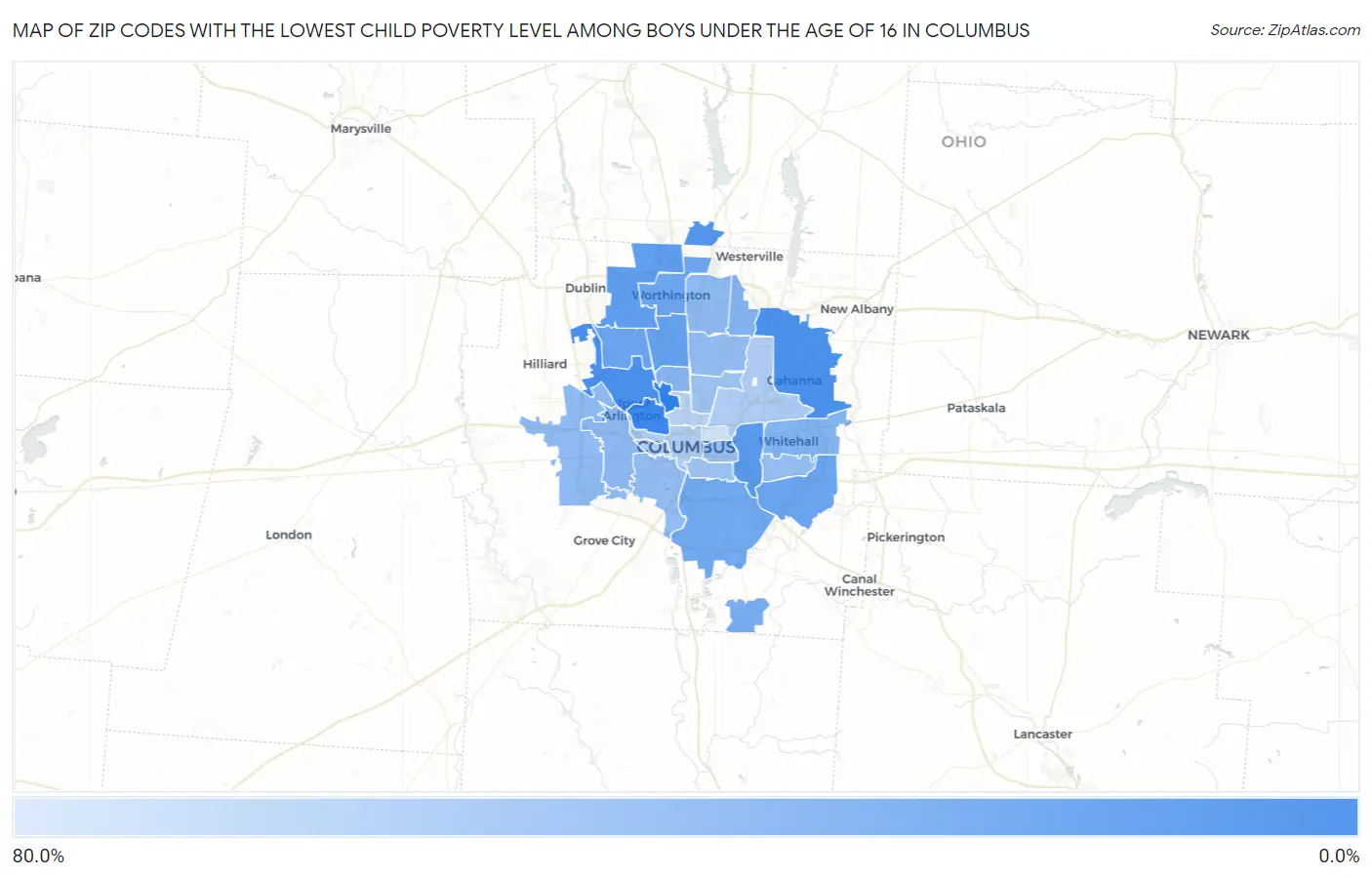 Zip Codes with the Lowest Child Poverty Level Among Boys Under the Age of 16 in Columbus Map