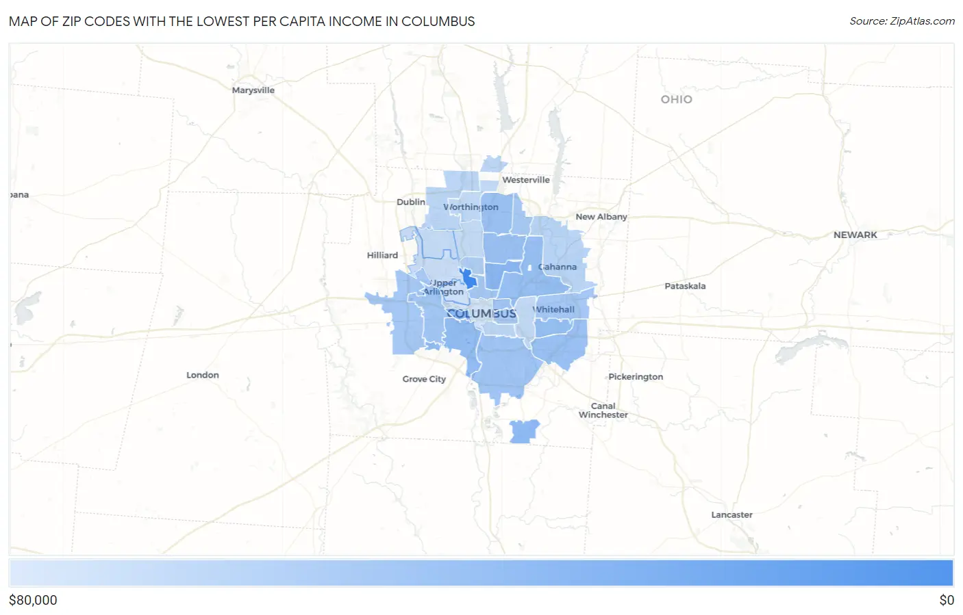 Zip Codes with the Lowest Per Capita Income in Columbus Map