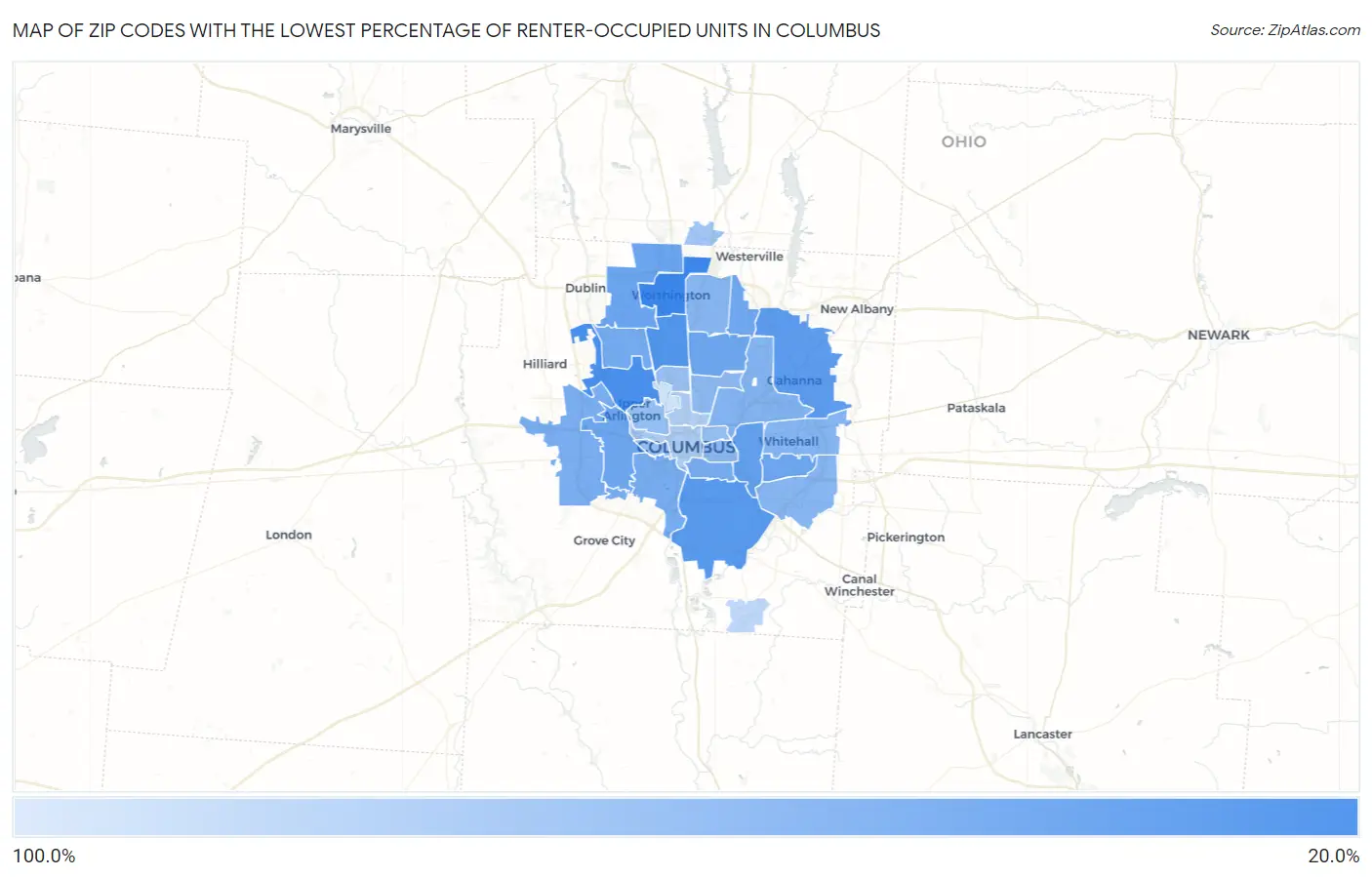 Zip Codes with the Lowest Percentage of Renter-Occupied Units in Columbus Map