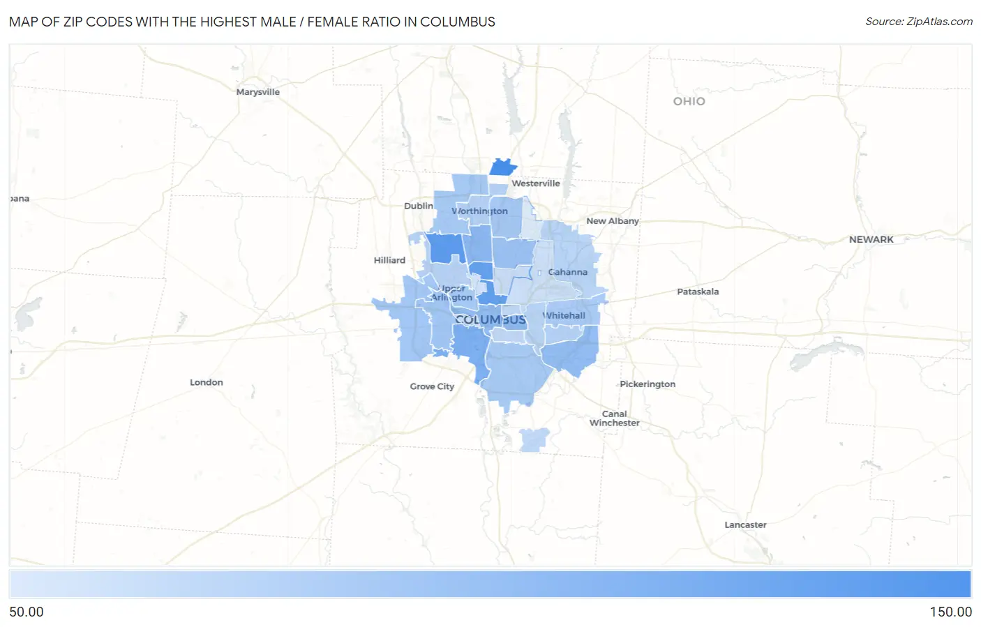 Zip Codes with the Highest Male / Female Ratio in Columbus Map