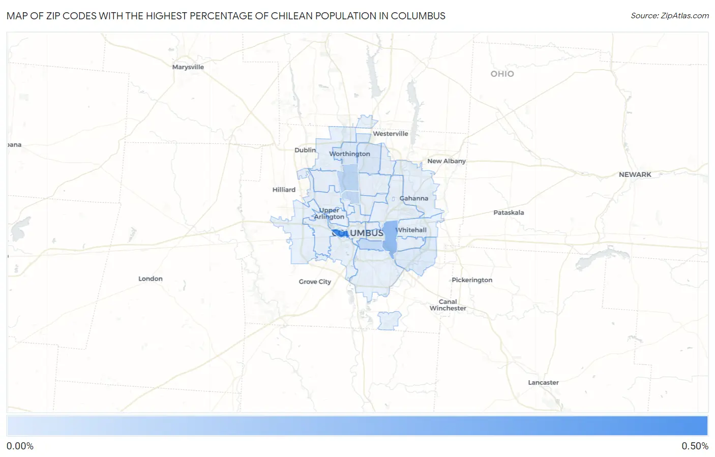 Zip Codes with the Highest Percentage of Chilean Population in Columbus Map