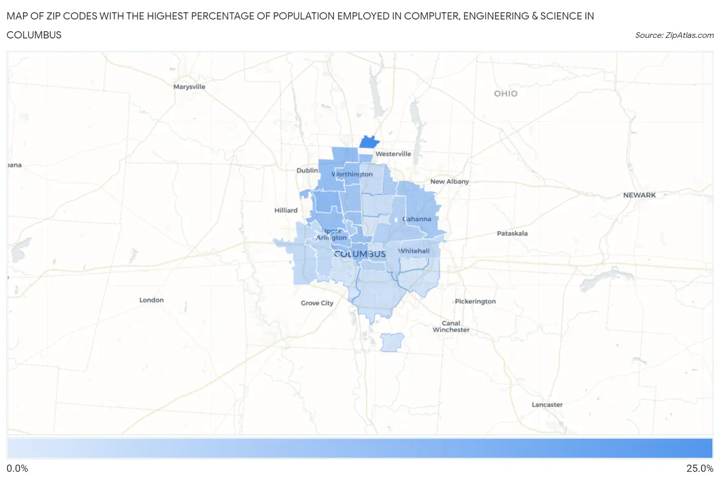 Zip Codes with the Highest Percentage of Population Employed in Computer, Engineering & Science in Columbus Map