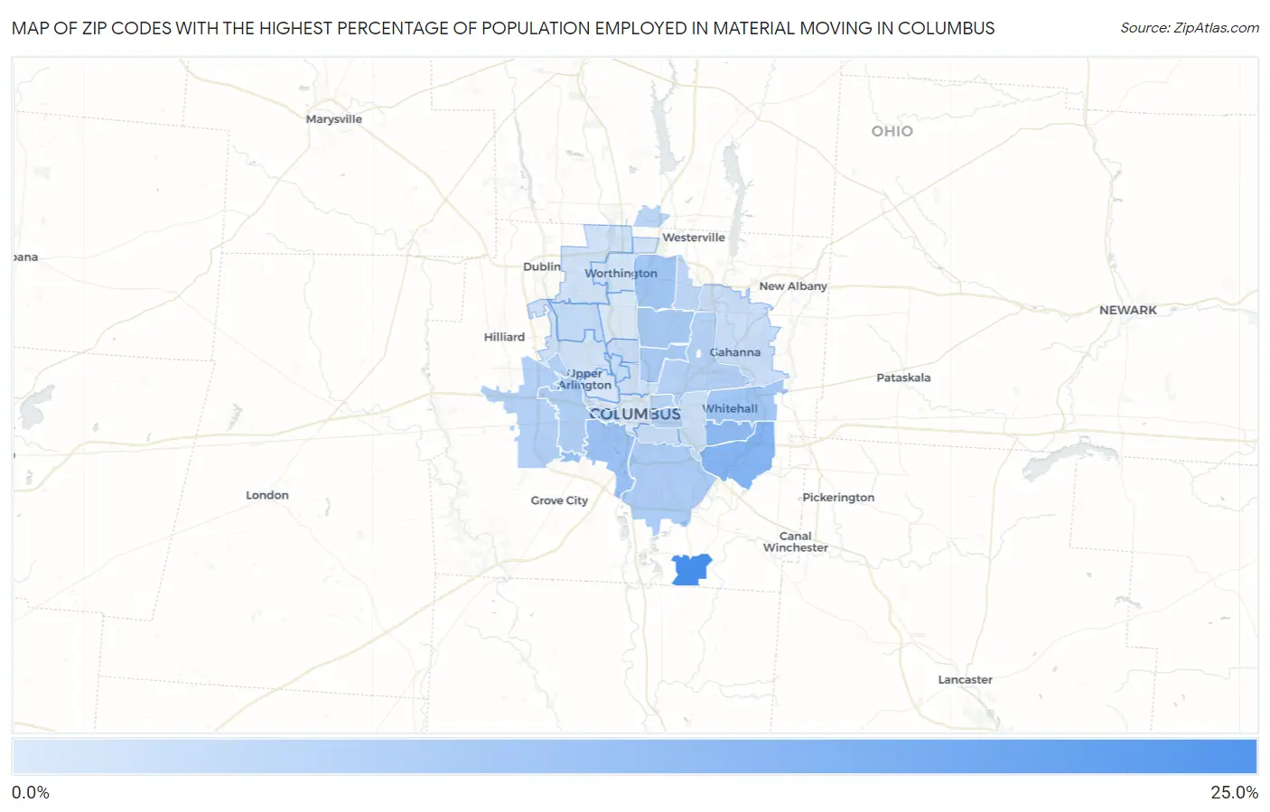 Zip Codes with the Highest Percentage of Population Employed in Material Moving in Columbus Map