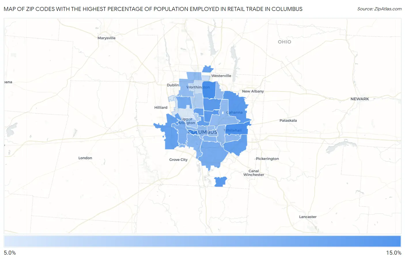 Zip Codes with the Highest Percentage of Population Employed in Retail Trade in Columbus Map