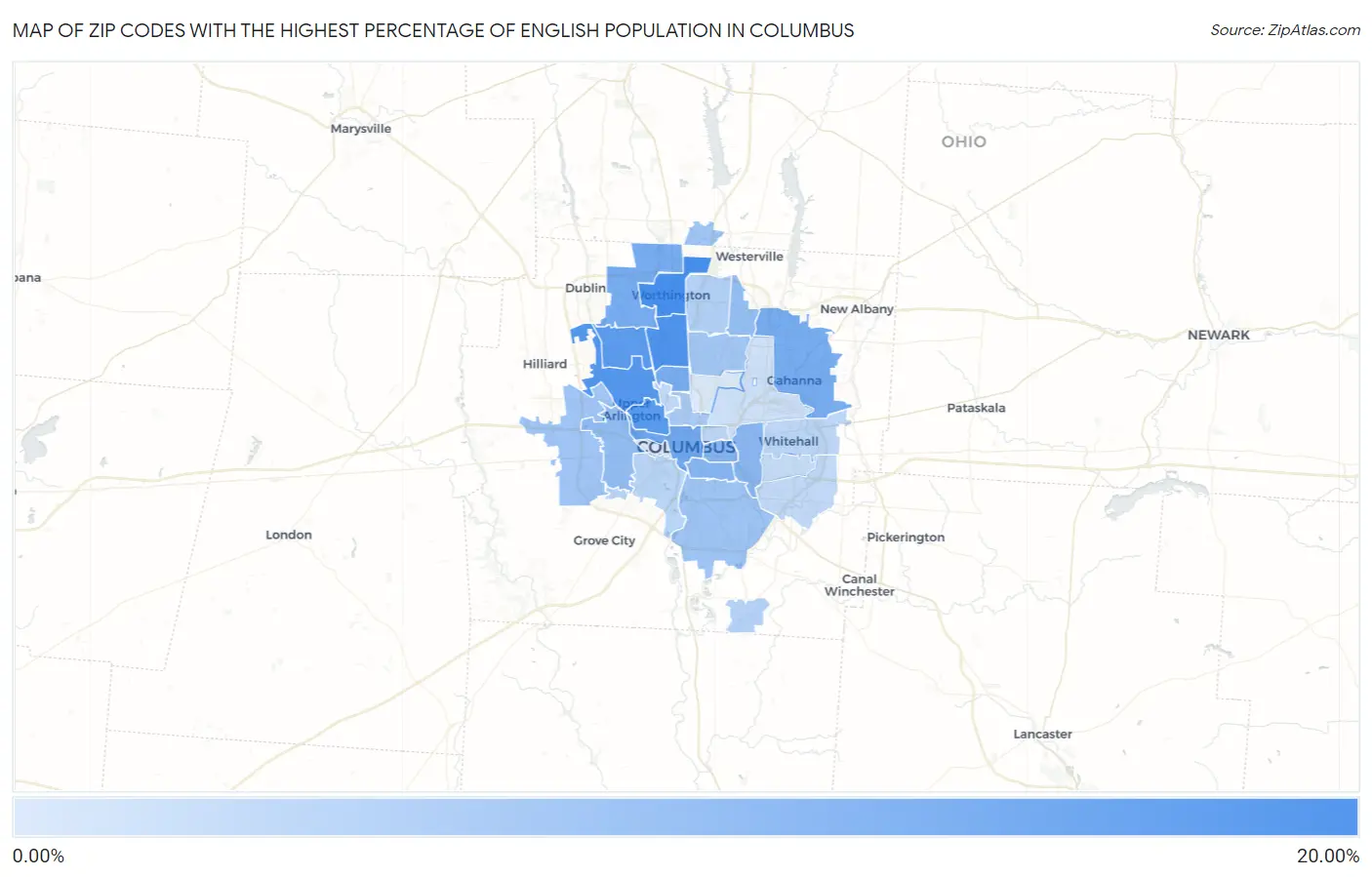Zip Codes with the Highest Percentage of English Population in Columbus Map