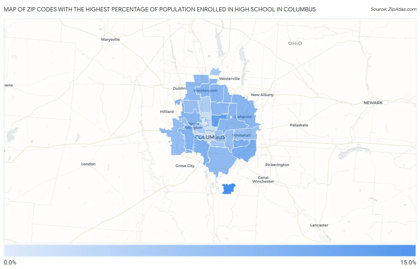 Zip Codes with the Highest Percentage of Population Enrolled in High School in Columbus Map