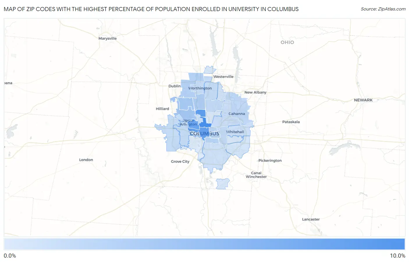 Zip Codes with the Highest Percentage of Population Enrolled in University in Columbus Map