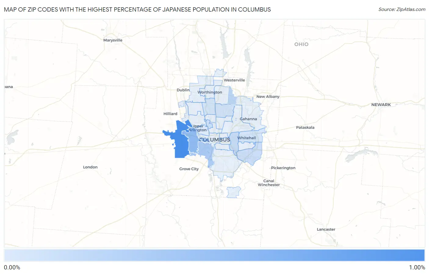 Zip Codes with the Highest Percentage of Japanese Population in Columbus Map